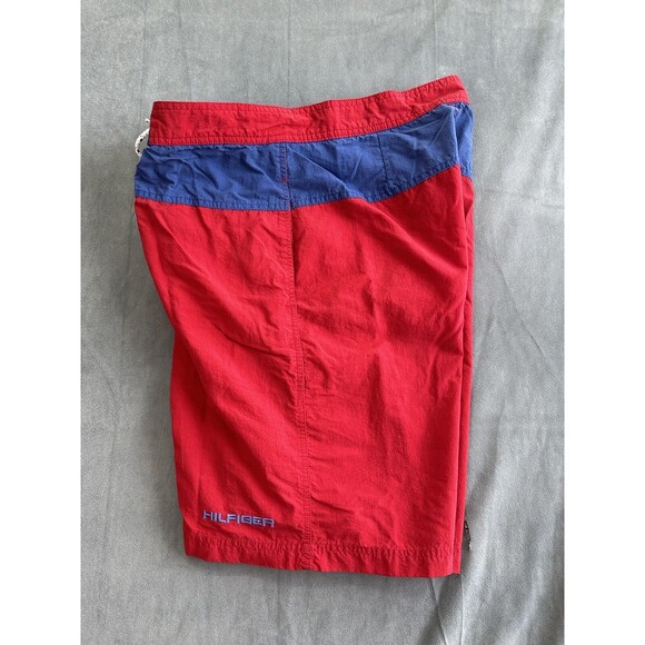 90s TOMMY HILFIGER Mens Medium Mesh Lined Red Blue Swim Trunks Shorts Colorblock - Picture 3 of 14